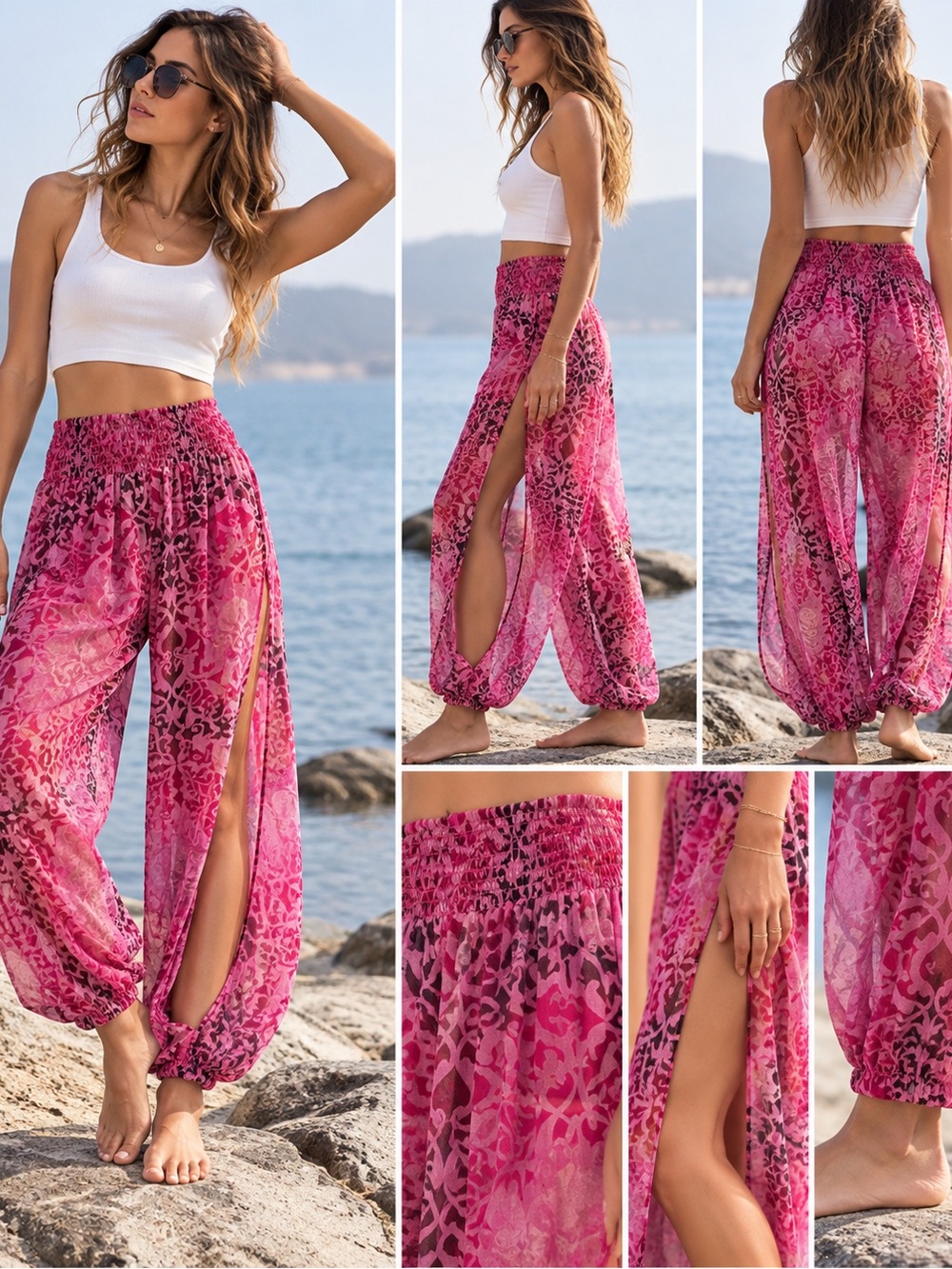 Lisa Blue 100% Silk Pink Harem Pants Boho Resort Cover Up